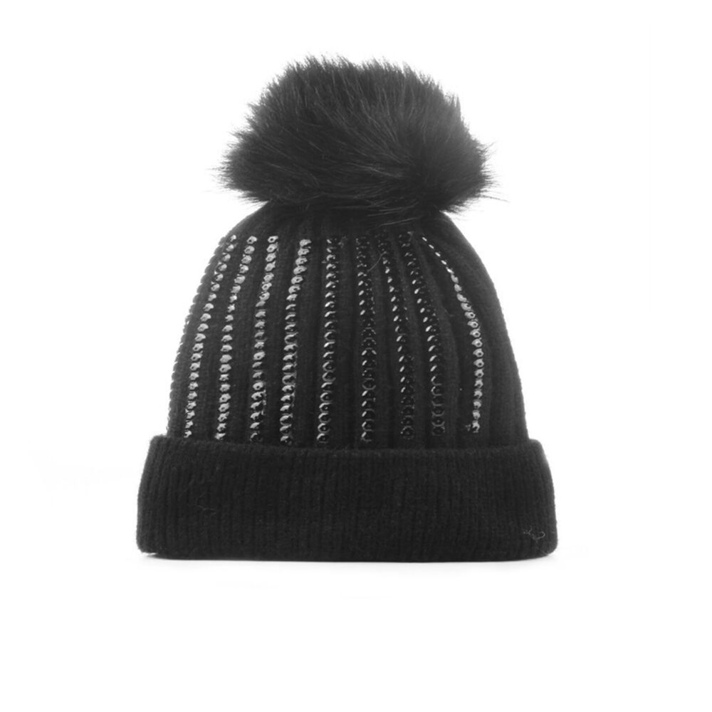 5091 Girls Winter Sequin Beanie Hat with Faux Fur Pom Pom Knit Skull Cap